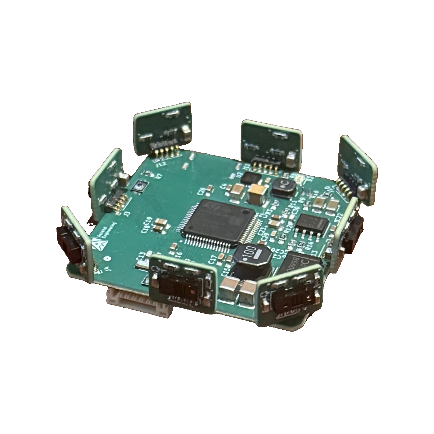 Assembled Ascend-8tof board with the 8 vertical TOF sub-boards around the perimeter
